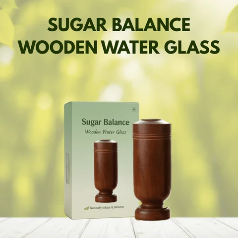 Sugar Balance Vijaysar wooden water glass with product packaging