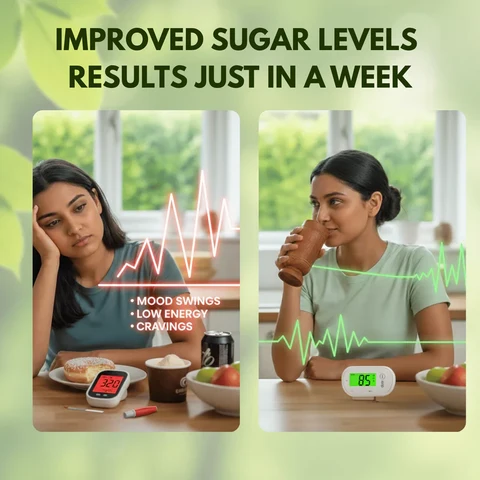 Vijaysar wooden water glass sugar balance routine comparison infographic